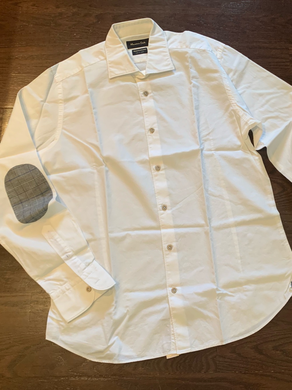 Massimo Dutti Men’s White Dress Shirt with Grey plaid Elbow Patch